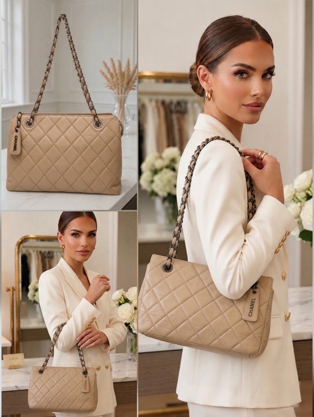 Chanel Vintage 1996 Beige Quilted Lambskin Tote Black HW